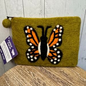 Felted Wool Green Wallet Pouch Monarch Butterfly Makeup Bag New FAST SHIP